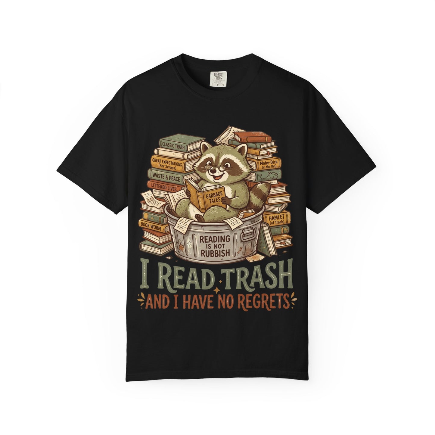 Funny Raccoon Reading Shirt — I Read Trash and I Have No Regrets — Book Lover Tee Bookish Gift Reader Shirt Comfort Colors Bookworm Gift