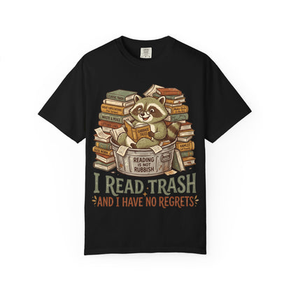 Funny Raccoon Reading Shirt — I Read Trash and I Have No Regrets — Book Lover Tee Bookish Gift Reader Shirt Comfort Colors Bookworm Gift