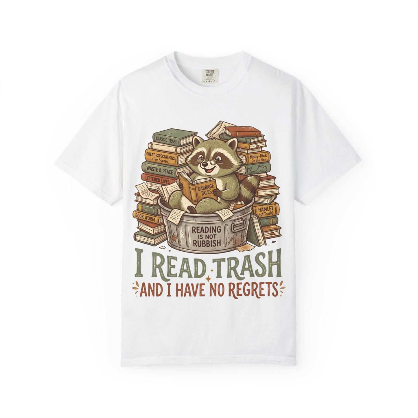 Funny Raccoon Reading Shirt — I Read Trash and I Have No Regrets — Book Lover Tee Bookish Gift Reader Shirt Comfort Colors Bookworm Gift