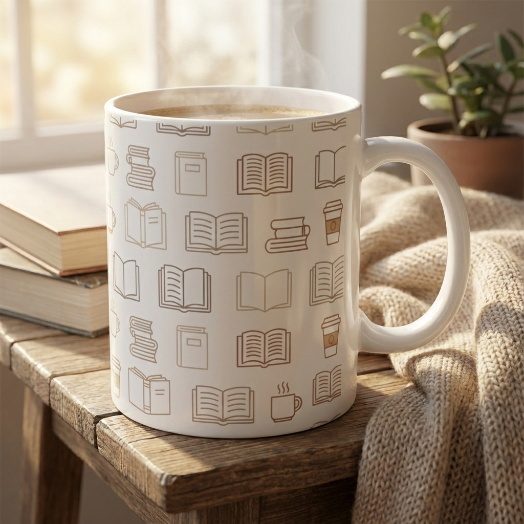 Book Lover Pattern Mug – Minimalist Books and Coffee Design - BOOKISH & BREW