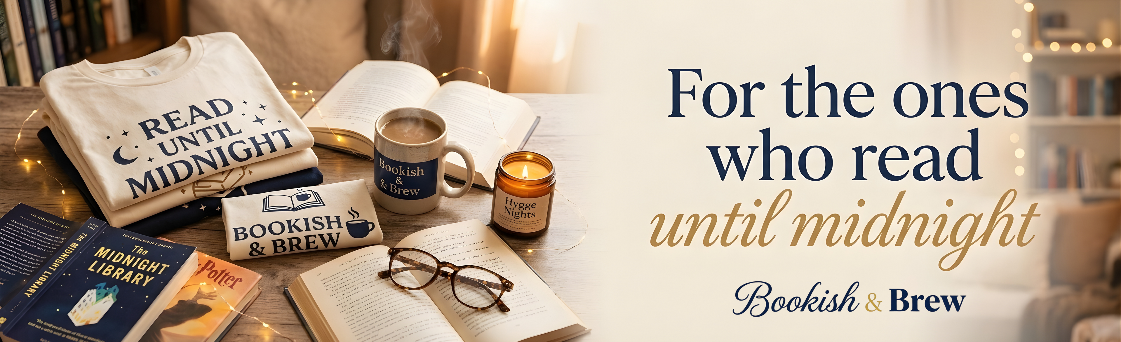 Promotional banner for 'Bookish & Brew' with books, a mug, and a t-shirt on a table.