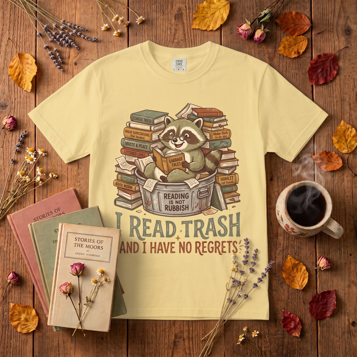Funny Raccoon Reading Shirt — I Read Trash and I Have No Regrets — Book Lover Tee Bookish Gift Reader Shirt Comfort Colors Bookworm Gift
