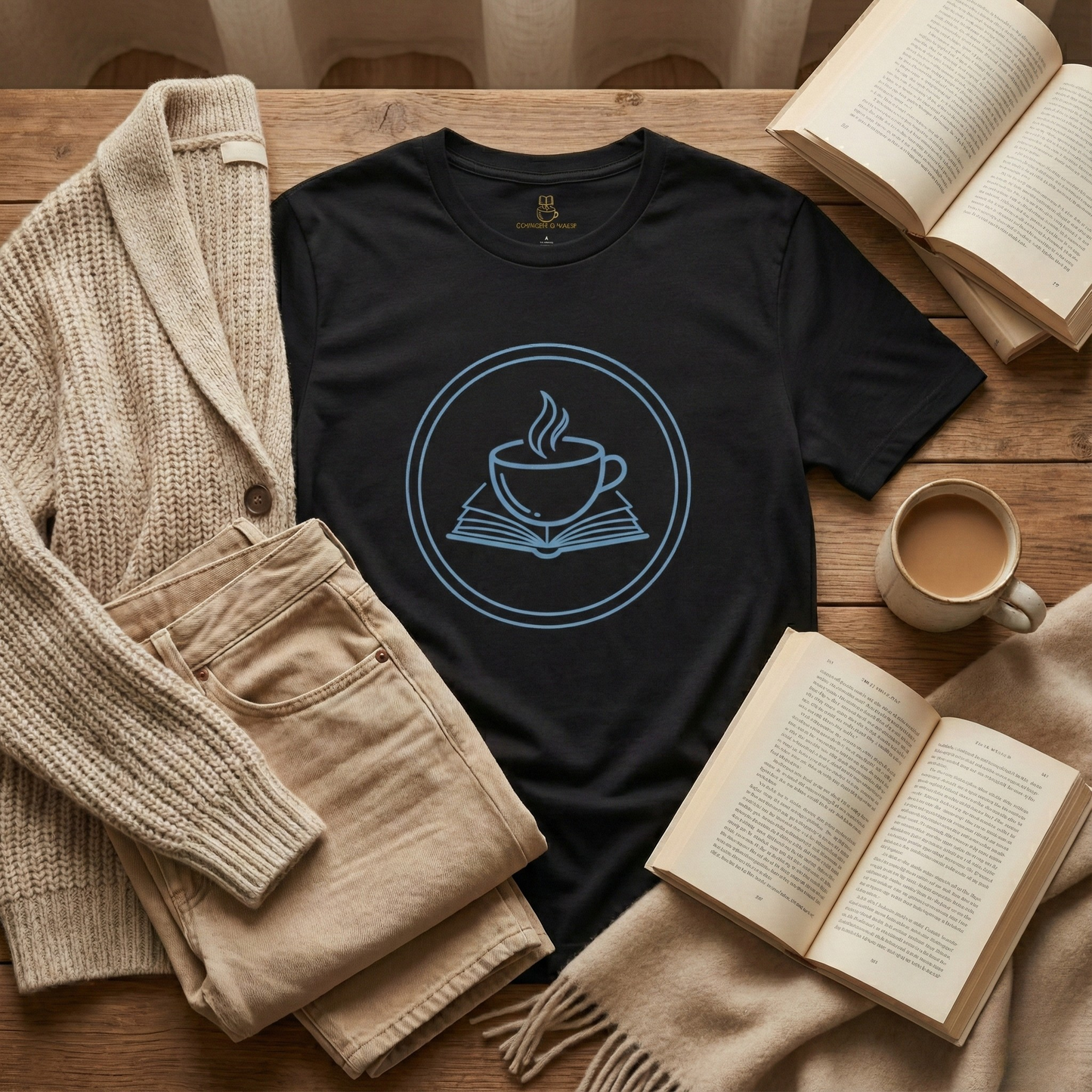 Book and Coffee Emblem T-Shirt – Minimal Bookish Apparel - BOOKISH & BREW