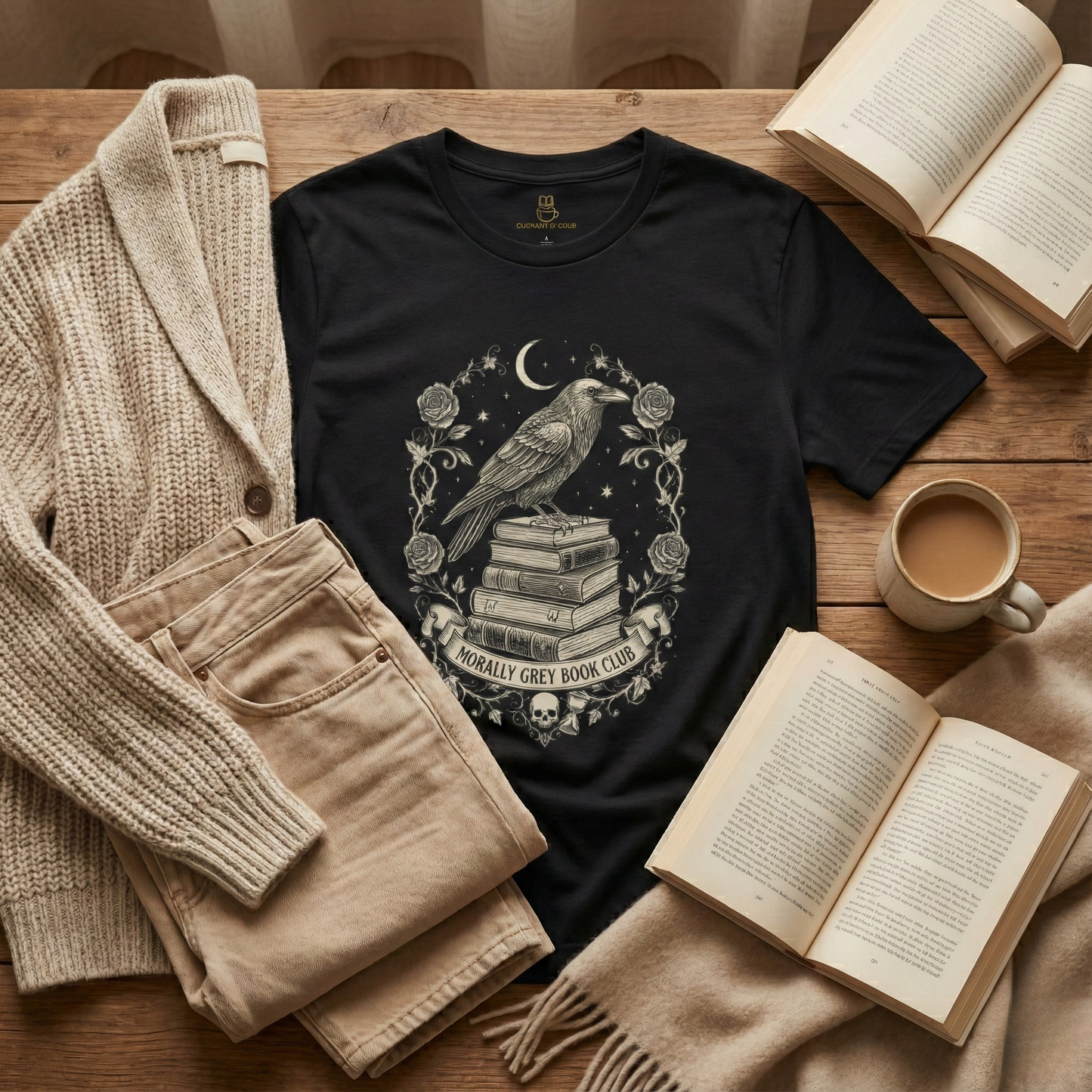Gothic Raven Book Club T-Shirt - Morally Grey Book Club - BOOKISH & BREW