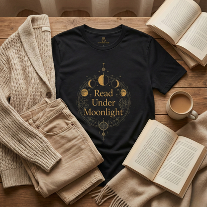 Read Under Moonlight T-Shirt — Moon Phases Graphic Tee for Book Lovers - BOOKISH & BREW