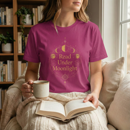 Read Under Moonlight T-Shirt — Moon Phases Graphic Tee for Book Lovers - BOOKISH & BREW