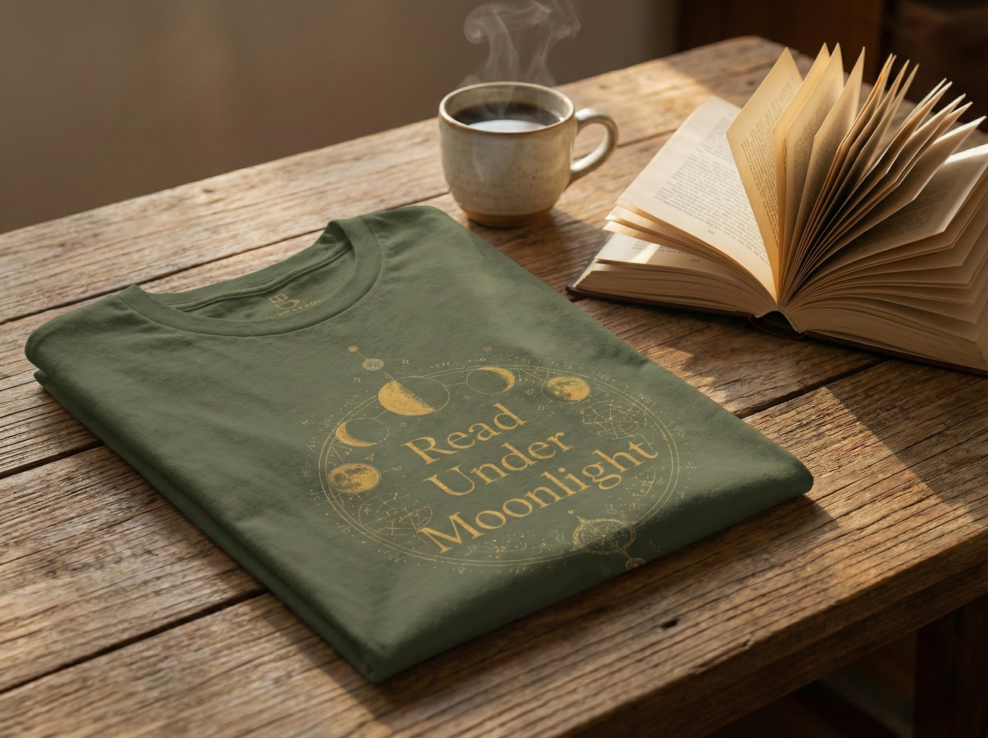 Read Under Moonlight T-Shirt — Moon Phases Graphic Tee for Book Lovers - BOOKISH & BREW