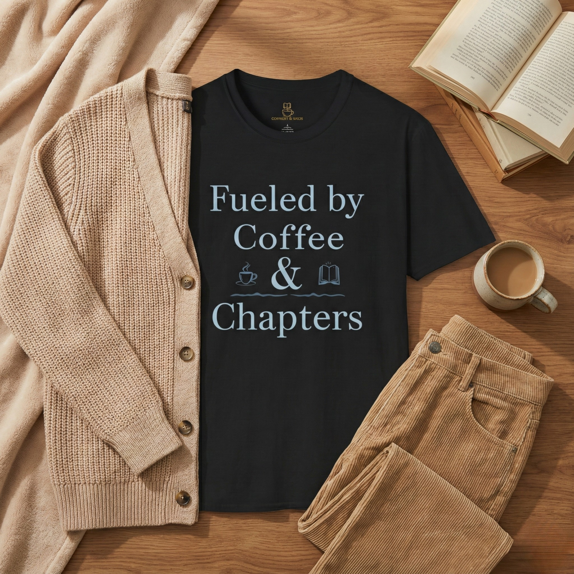 Fueled by Coffee & Chapters T-Shirt | Bookish Coffee Tee - BOOKISH & BREW