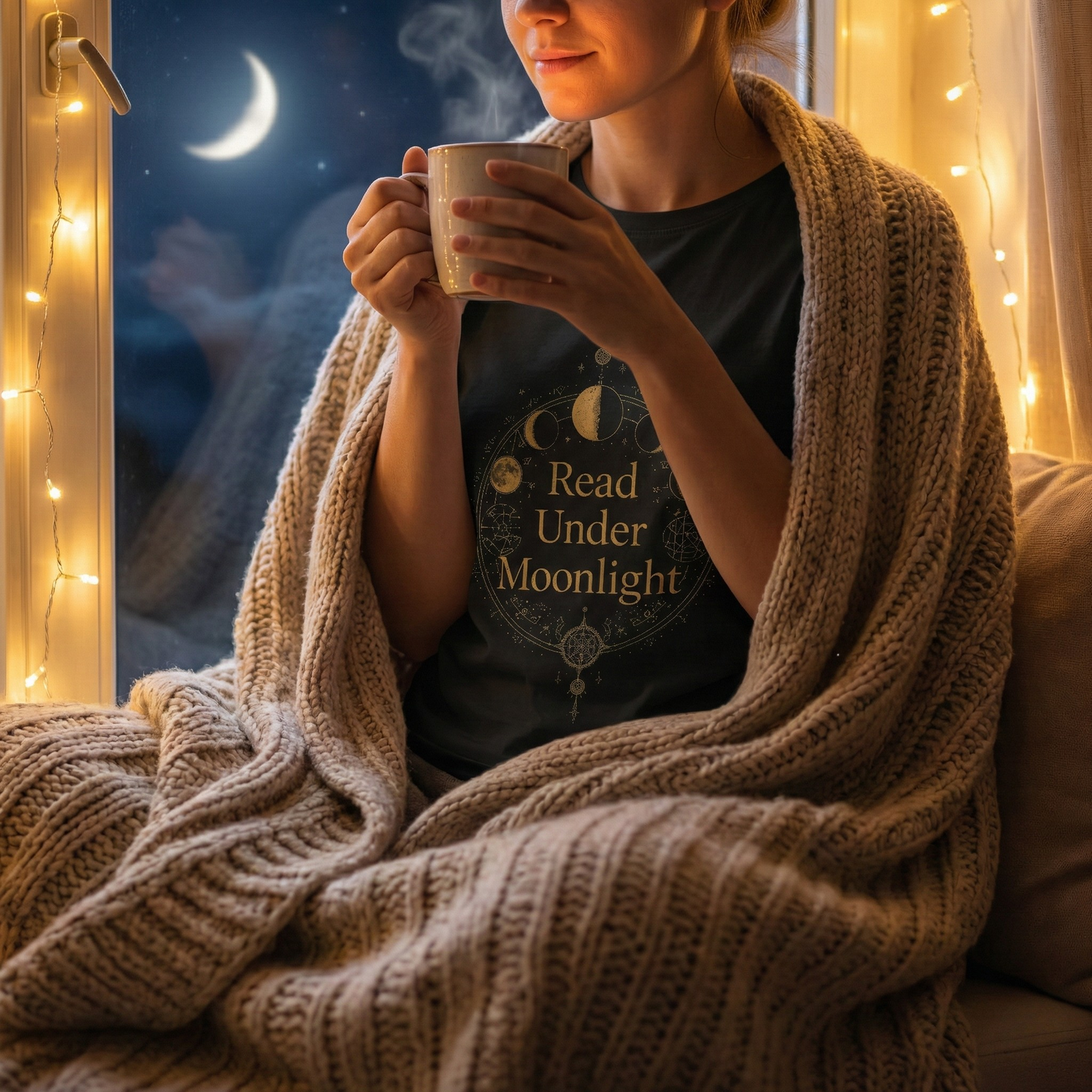 Read Under Moonlight T-Shirt — Moon Phases Graphic Tee for Book Lovers