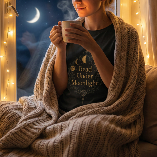Read Under Moonlight T-Shirt — Moon Phases Graphic Tee for Book Lovers