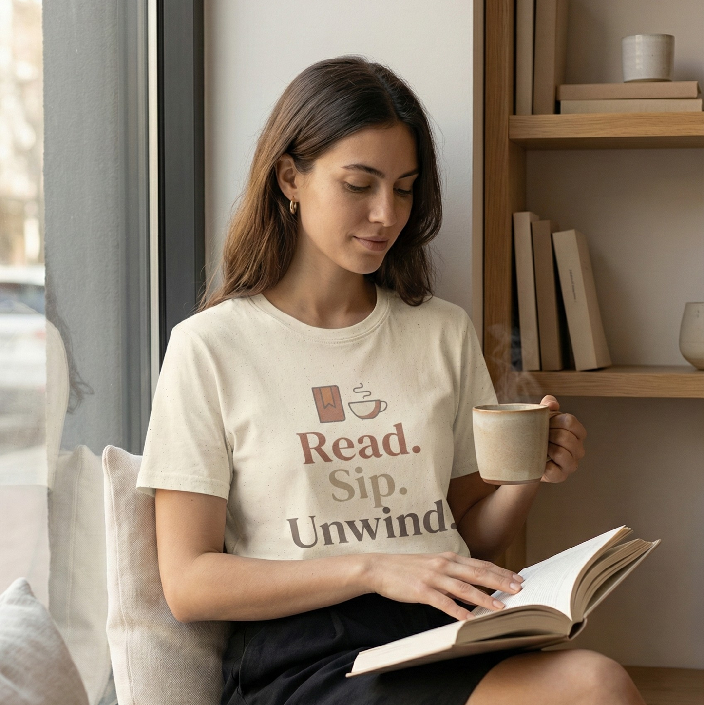 Read Sip Unwind T-Shirt – Cozy Book and Coffee Tee