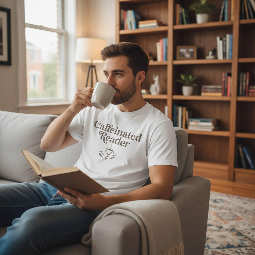 Caffeinated Reader T-Shirt – Book Lover Coffee Tee